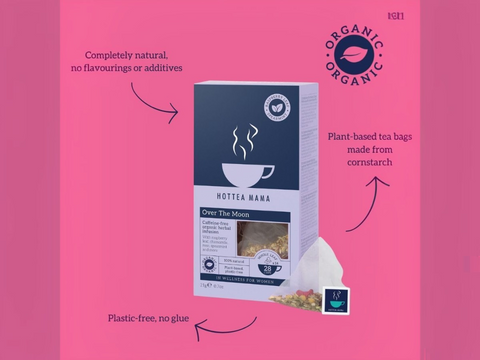 Tea package with branding and product details on a pink background