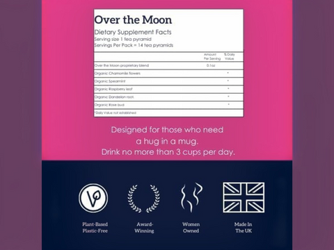 Supplement package with dietary supplement facts and branding elements on a pink and purple background