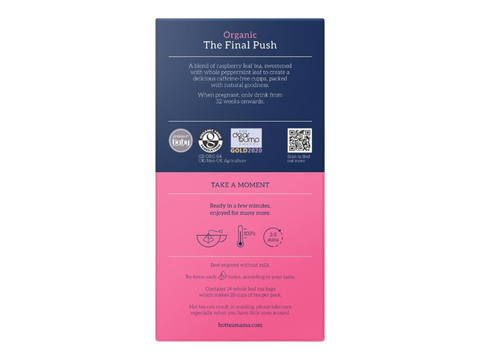Pink and blue packaging with text and logos on a white background