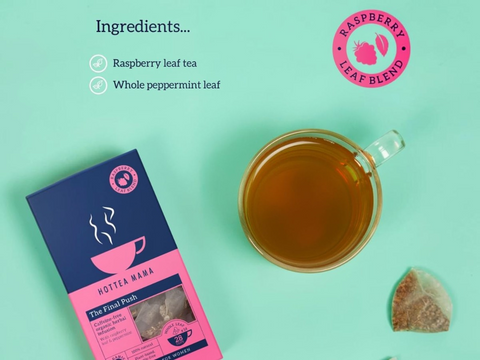 Tea packaging and a cup of tea on a light green background with 'Hotta Mama' branding.