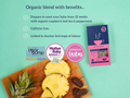 Product packaging with organic blend on a wooden board against a teal background