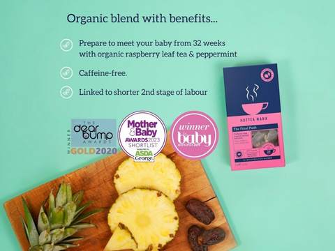 Product packaging with organic blend on a wooden board against a teal background