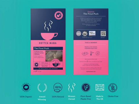 Hottea Mama tea package with branding and product details on a teal background