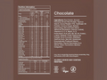 Nutrition information and ingredient list for a chocolate product on a brown background