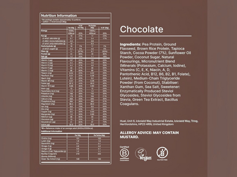 Nutrition information and ingredient list for a chocolate product on a brown background