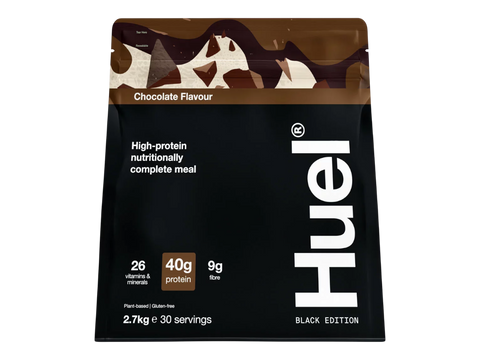 Huel protein powder package with chocolate flavor on a white background