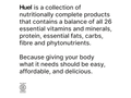 Text description of Huel products on a white background