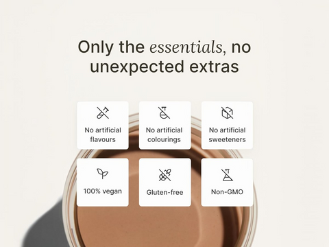 Product container with health and wellness icons and text on a light background