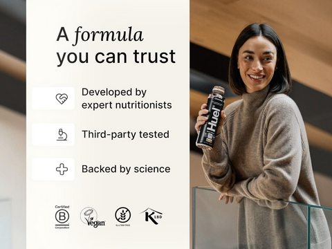Woman holding a bottle with text about trust, expertise, testing, and science.