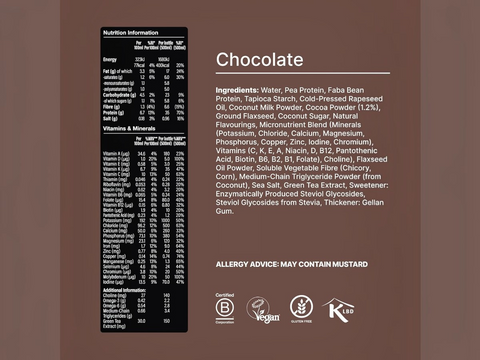 Nutrition information and ingredient list for a chocolate product on a brown background