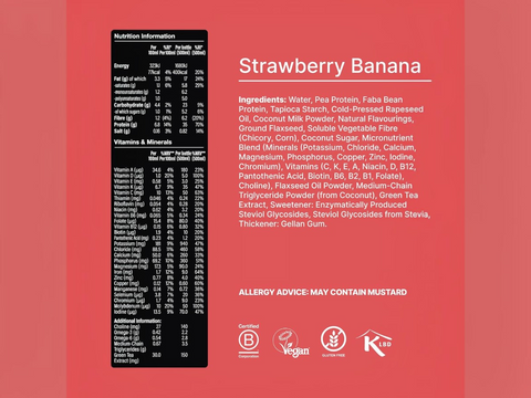 Nutrition information and ingredient list for a strawberry banana product on a red background