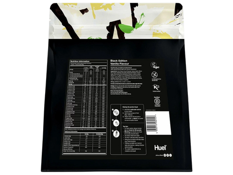 Back view of a Huel protein powder package with nutritional information and branding.