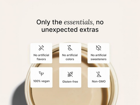 Product packaging with health and wellness icons and text on a light background