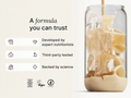 Glass container with a creamy substance, text about trustworthiness, and icons on a light background