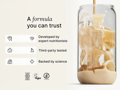 Glass container with a creamy substance, text about trustworthiness, and icons on a light background
