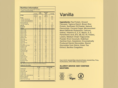 Nutrition label and ingredients list for a vanilla product on a beige background