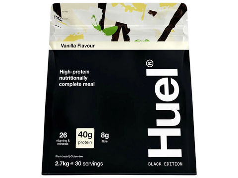 Huel meal replacement package with vanilla flavor, high-protein content, and branding on a white background.