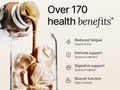 Glass of iced coffee with health benefits listed on a white background