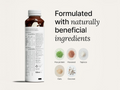 Bottle of a nutritional drink with ingredients listed on a white background