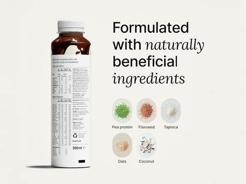 Bottle of a nutritional drink with ingredients listed on a white background