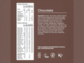 Nutrition label and ingredient list for a chocolate product on a brown background
