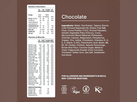 Nutrition label and ingredient list for a chocolate product on a brown background