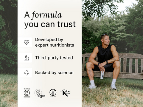 Man sitting on a bench outdoors with text about a trusted formula developed by experts and third-party tested.