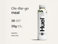 Huel protein shake bottle with nutritional information on a white background