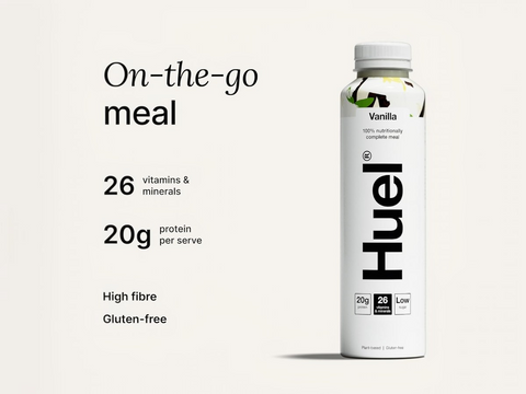 Huel protein shake bottle with nutritional information on a white background