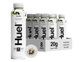 Huel protein packaging with bottles and a box on a white background
