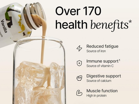 Vanilla-flavored supplement being poured into a glass with health benefits listed on the right.