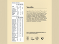Nutrition label and ingredients list for a vanilla product on a beige background