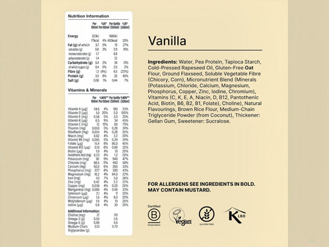 Nutrition label and ingredients list for a vanilla product on a beige background