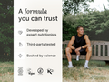 Person sitting on a bench outdoors with text about a trusted formula developed by experts.