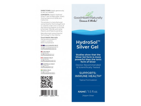 Good Health Naturally Hydrosol Silver gel tube 44ml barcode & how to use instructions