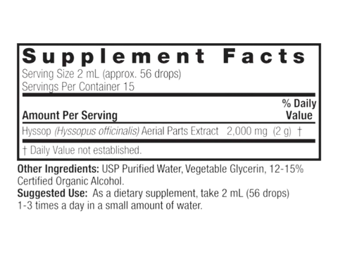 Nature’s Answer Hyssop Herb Liquid Extract 30ml supplement facts label on a white background