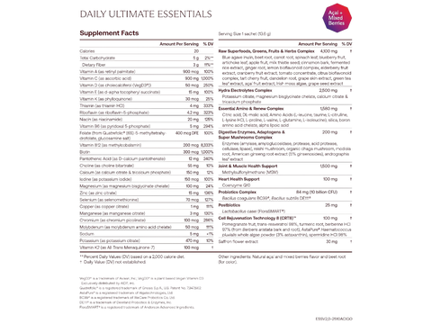 A supplement facts label for 'DAILY ULTIMATE ESSENTIALS' showing a detailed ingredient list and serving size information on a white background with a red 'Not a Regular Seller' badge in the top right corner.