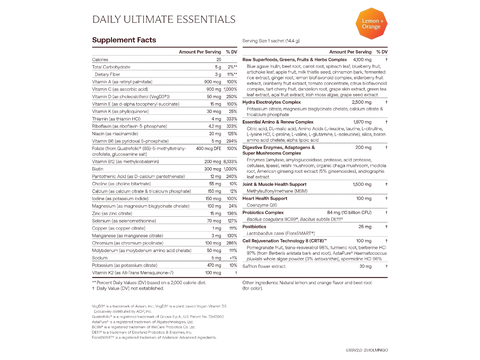 A supplement facts label for 'DAILY ULTIMATE ESSENTIALS' showing a detailed table of nutrients, serving size, and daily value percentages, with a small orange circular badge in the top right corner.