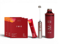 I-M-8 Daily Ultimate Essentials supplement kit featuring red boxes, a red sachet, a metallic pump bottle, and a red insulated bottle on a white background.