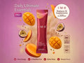 A single pink and purple I-M-8 Daily Ultimate Essentials protein powder stick pack centered on a pink background, surrounded by floating mango slices, passion fruit halves, and small text callouts including NSF Certified Sport and NSF Certified Quality. The top reads 'Daily Ultimate Essentials PRO' and the right callout says it replaces 16 supplements in one delicious drink.