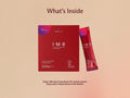 A product information graphic showing the I·M·8 Daily Ultimate Essentials formula powder box and one sachet pack on a warm beige background with the heading 'What's Inside'.