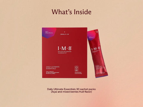 A product information graphic showing the I·M·8 Daily Ultimate Essentials formula powder box and one sachet pack on a warm beige background with the heading 'What's Inside'.