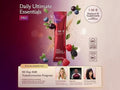 Promotional graphic for the I-M-8 Daily Ultimate Essentials supplement, featuring a red single-serve stick pack surrounded by berries and leaves on a pink-to-purple gradient background. Text highlights 'Daily Ultimate Essentials,' 'PRO,' '90 Day IM8 Transformation Program,' and NSF badges, with small portrait photos of individuals near the bottom.