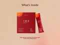 A product information graphic showing the I-M-8 Daily Ultimate Essentials sachet pack box and one individual packet on a warm beige background with the heading 'What's Inside'.