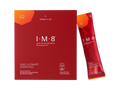 A red box and a matching single sachet of I-M-8 Daily Ultimate Essentials dietary supplement, shown on a plain white background.
