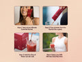 A four-step instructional graphic showing how to use an Ultimate Essential Sachet drink mix. The steps include taking out a red sachet, pouring the powder into a glass, adding water and stirring, and enjoying the drink.