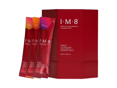 I-M-8 Daily Ultimate Essentials dietary supplement box with three individual sachets displayed in front on a white background.
