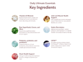 An infographic titled 'Daily Ultimate Essentials Key Ingredients' on a white background, listing six supplement benefits with small circular ingredient photos and text: Vitamins & Minerals, Raw Superfoods, Prebiotics, Joint and Muscle Health Support, Hydra Electrolytes, and Heart Health Support.