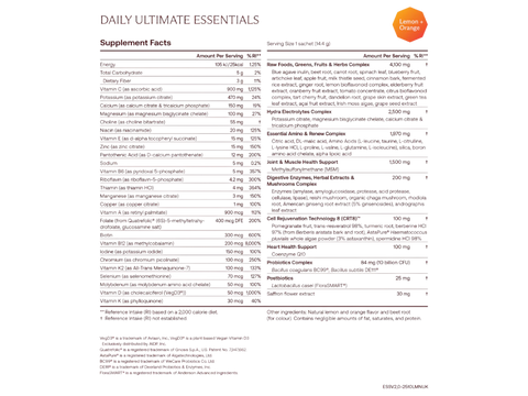 A supplement facts label for 'Daily Ultimate Essentials' showing a detailed table of ingredients and nutrients, with a small orange circular 'Certified' badge in the top right corner.