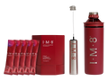 A 1-M-8 Daily Ultimate Vitality drink mix kit on a white background, featuring a large red shaker bottle, a red carton, several red gradient sachets, and a silver frother.